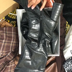 Croc embossed knew high boots